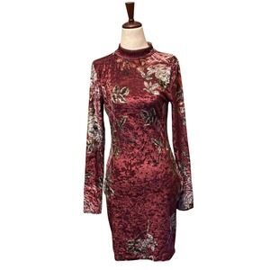 PrettyLittleThing Burgundy Floral Crushed Velvet Mock Neck Bodycon Mini Dress 8